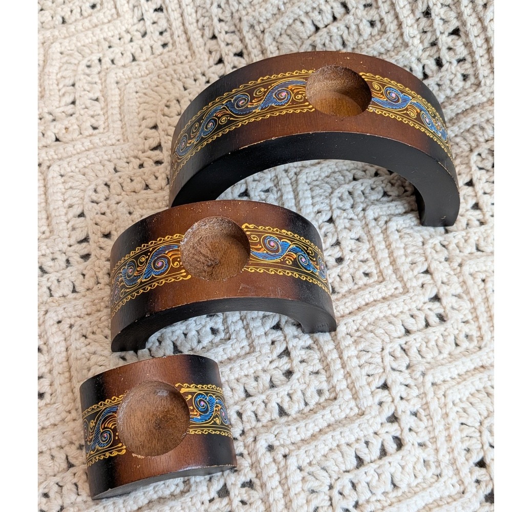Vintage Nested Wood Candle Holder Set Hand Painted Arched Bridge Boho Decor 3pc